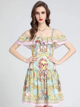 MoaaYina Diseñador de Moda vestido de Verano de las Mujeres del Vestido de la Correa de Espagueti de la Flor de Impresión de Volantes de la Vendimia Vestidos de Fiesta