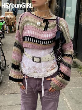 HEYounGIRL Y2K Grunge Mujer Jerséis de Punto de Moda de la Calle Alta Hueco de Cultivos camisetas de Harajuku de Manga Larga de los Puentes Tops de la década del 2000