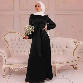 Medio Oriente Ropa Para Mujeres 2023 Manga Larga Musulmán Vestido De Satén Suave Y Elegante, Sólido Suelto Largo Vestido Casual