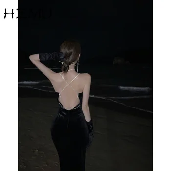 Hemu Verano 2021 Nueva Cintura Apretada Adelgazar Deslizamiento Mini Vestido de las mujeres de corea-Estilo Elegante de la alta sociedad de Diseño de Sentido Mini Vestido Sin espalda