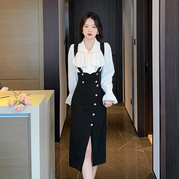 Las mujeres de la Primavera Elegante Tirante Vestido de Traje coreano de la Moda Retro Blanco de Volantes Blusa+Negro Casual Vestidos de Dos piezas de este Conjunto