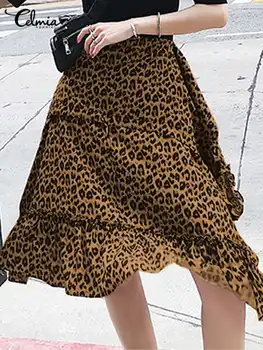 Celmia las Mujeres de Cintura Alta de la Rodilla-longitud de las Faldas de Moda Niveles de Falda Corta Sexy Dobladillo con Volantes de Leopardo de Impresión de 2023 Verano Streetwear