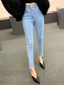 Jeans para Mujer 2022 de Talle Alto, Empalmados Dividir las Cremalleras de los Bolsillos de Pantalones Slim Hacer Viejo Recta coreano de la Moda Casual de Jeans