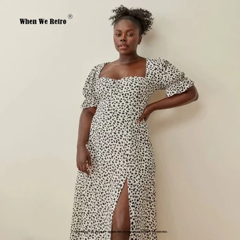 Europeos y Americanos de la Vendimia de la Vaca de la Impresión del Leopardo Midi Vestido Largo Manga Corta Abullonada Cuello Cuadrado Vestidos de Verano Para las Mujeres RS273