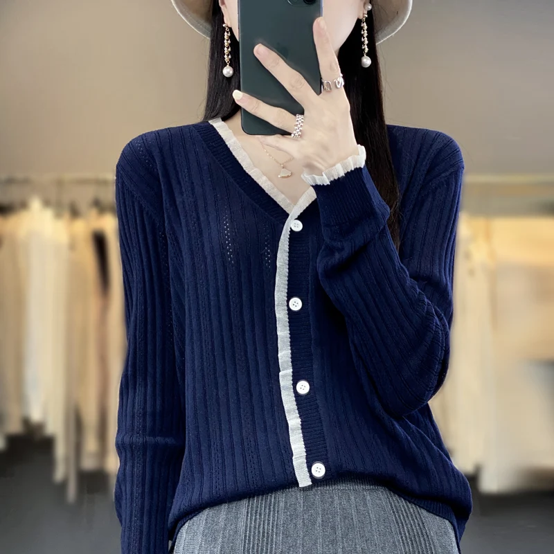 2023 la Primavera y el Verano Nueva Moda Slim Fit Mujer Cardigan Suéter de Color Sólido de las Mujeres de Punto de V-cuello Delgado Abrigo Suéter de Lana - 3