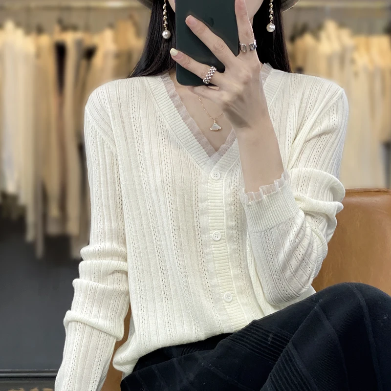 2023 la Primavera y el Verano Nueva Moda Slim Fit Mujer Cardigan Suéter de Color Sólido de las Mujeres de Punto de V-cuello Delgado Abrigo Suéter de Lana - 4